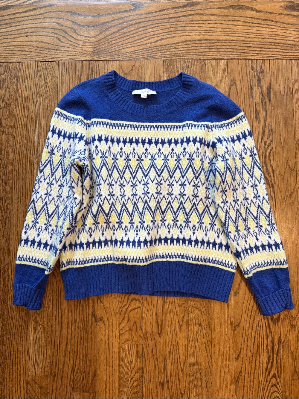 LOFT Blue, Cream & Yellow Fair Isle Crewneck Sweater